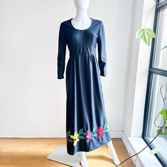 Vintage Black Embroidered Floral Maxi Dress S - Picture 2 of 9